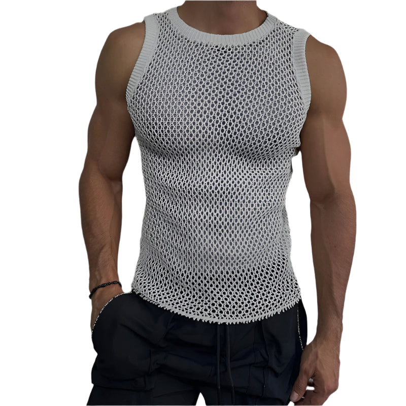 Solid Color Round Neck Sleeveless Hollow Knitted Vest in lightweight, breathable fabric for a stylish and comfortable fit.