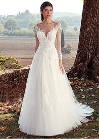 Elegant high U-neck wedding dress with lace long sleeves, a flowing A-line silhouette, and a romantic long tail for a stunning bridal appearance.

