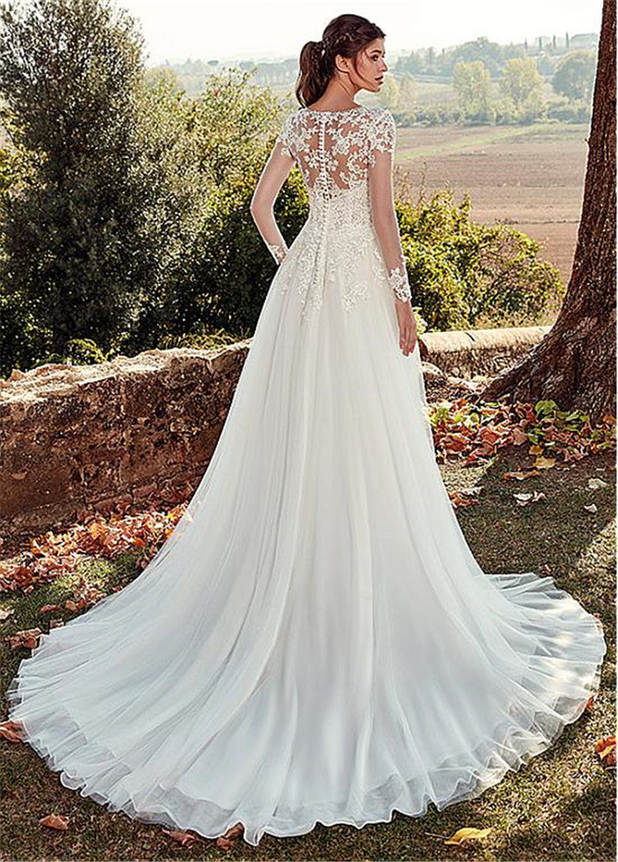 Elegant high U-neck wedding dress with lace long sleeves, a flowing A-line silhouette, and a romantic long tail for a stunning bridal appearance.

