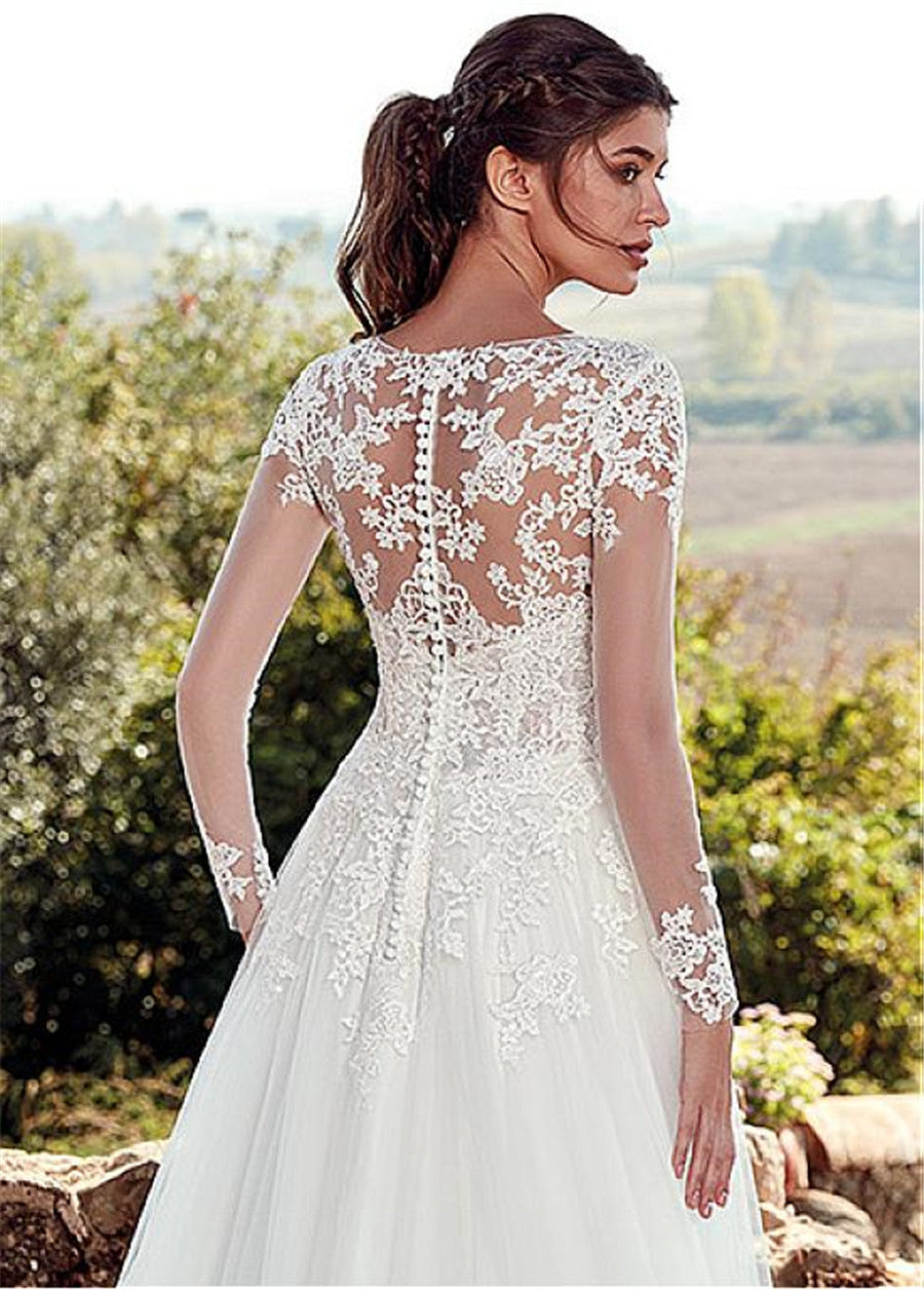 Elegant high U-neck wedding dress with lace long sleeves, a flowing A-line silhouette, and a romantic long tail for a stunning bridal appearance.

