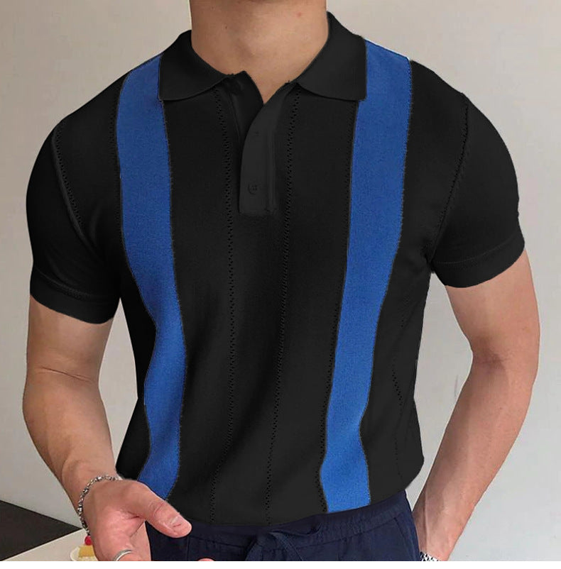 Men's striped slim-fit short-sleeved sweater with a modern, stylish design.