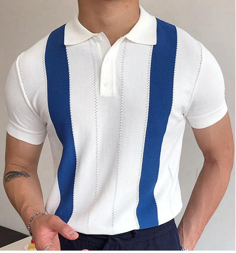 Men's striped slim-fit short-sleeved sweater with a modern, stylish design.