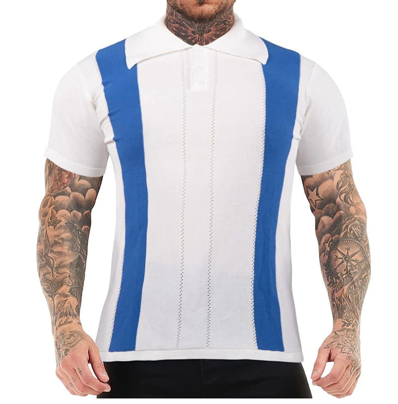 Men's striped slim-fit short-sleeved sweater with a modern, stylish design.