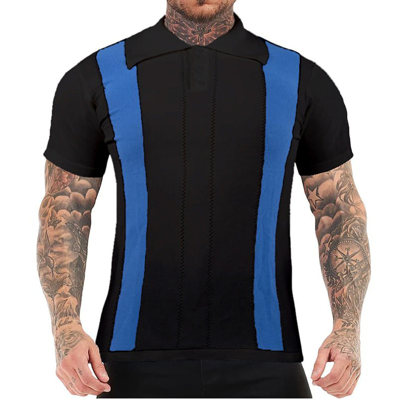 Men's striped slim-fit short-sleeved sweater with a modern, stylish design.