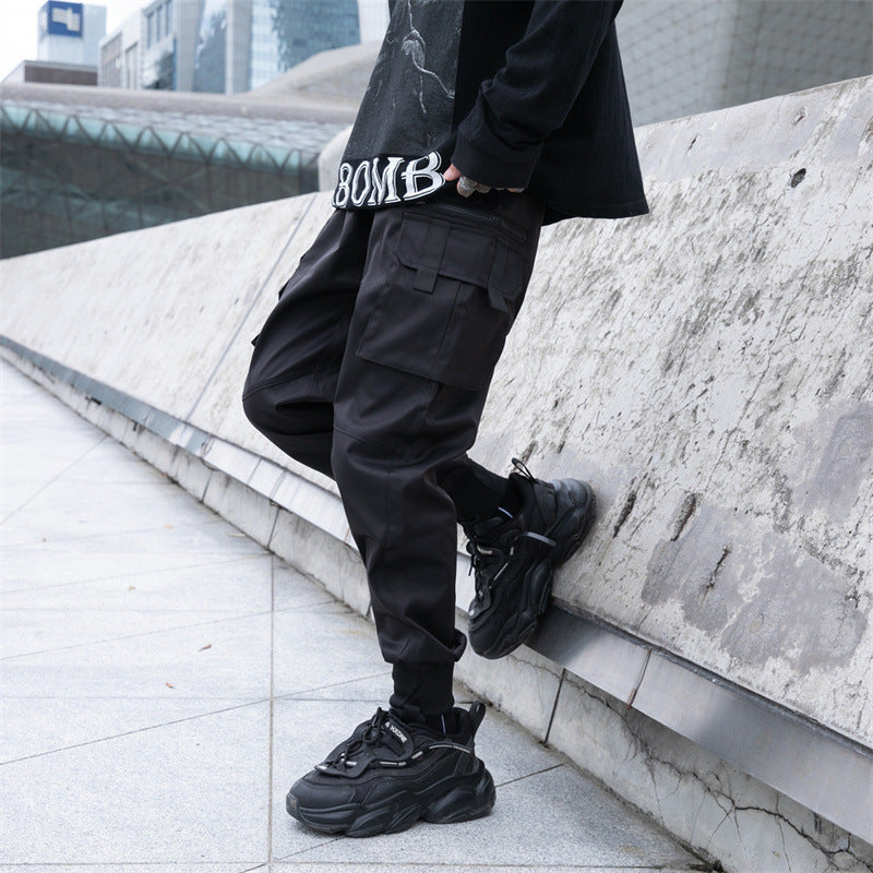 Men's Autumn Dark Overalls with loose fit, ankle-tied design, and multi-pocket storage for a stylish and practical look.