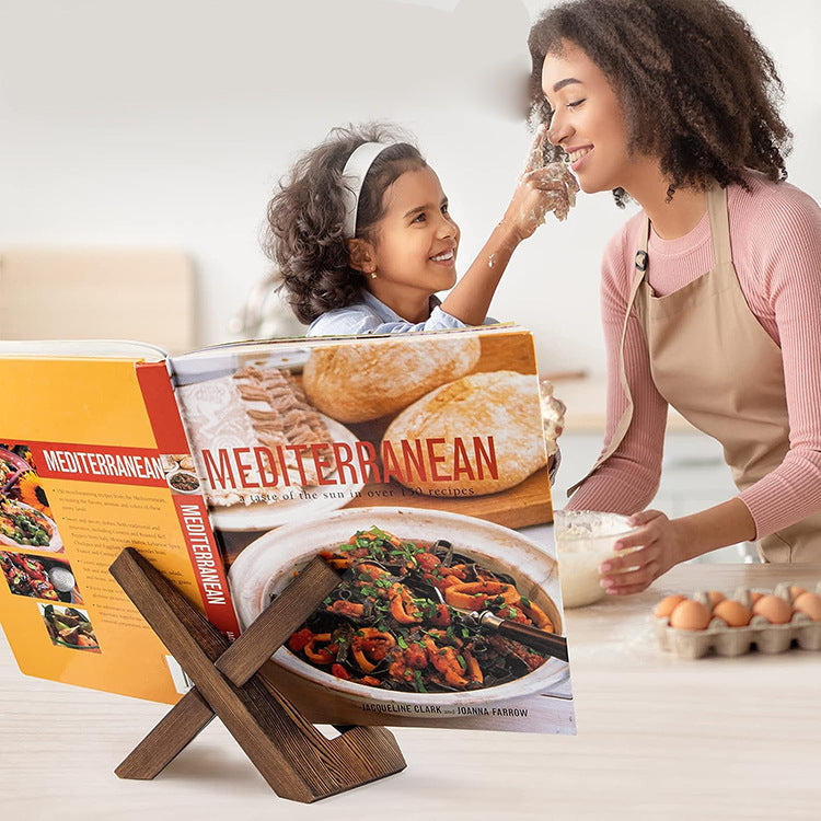 Wooden tabletop menu and book stand used for restaurants, kitchens, or desktop reading.

