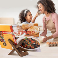 Wooden tabletop menu and book stand used for restaurants, kitchens, or desktop reading.

