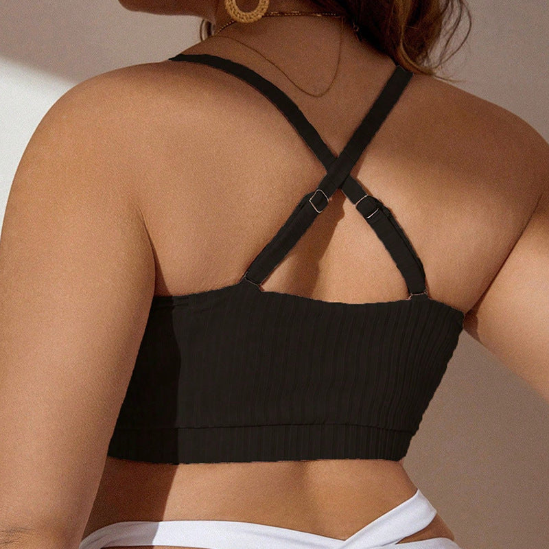 Plus size lace-up bikini swimsuit top, providing a stylish and supportive fit for confident beach or poolside wear.








