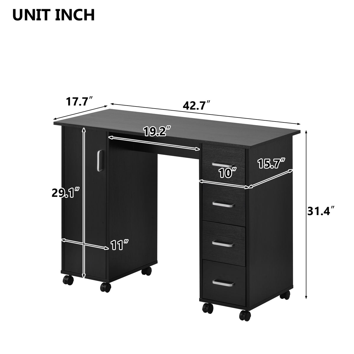 Home office computer desk with a spacious work surface and built-in drawers for storage. Features a modern design with sturdy construction, offering ample space for a computer, office supplies, and personal items, perfect for creating an organized and productive workspace