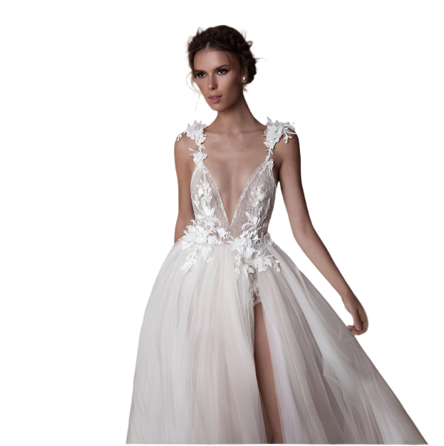 Elegant angel-style wedding dress with diamond lace collar, high slit, open back, and flowing bridal tail, perfect for a modern and romantic bride.

