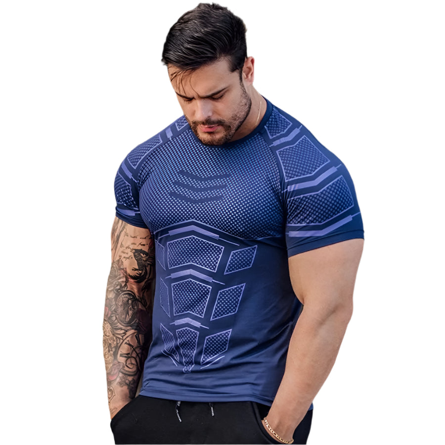 Man wearing a tight-fit short sleeve compression T-shirt in quick-dry fabric for running and sports training.

