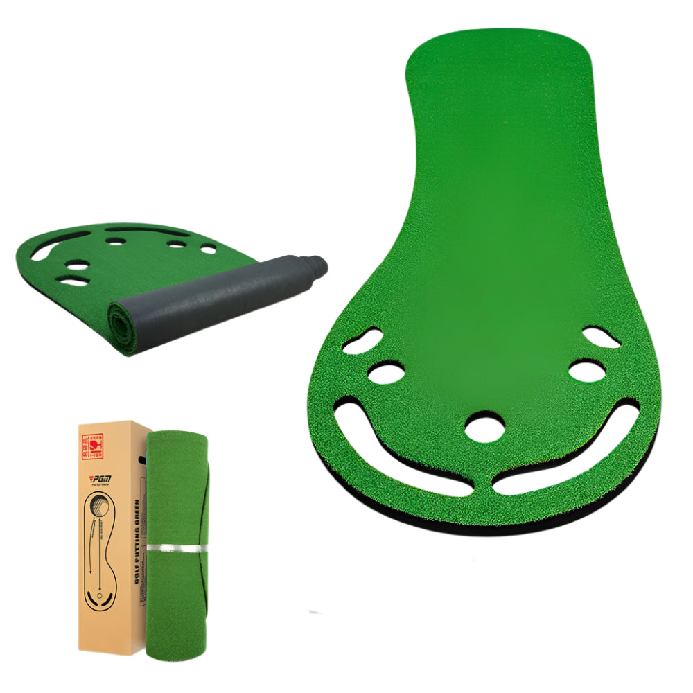 Indoor putting mat with realistic turf and alignment guides for golf practice at home or office.

