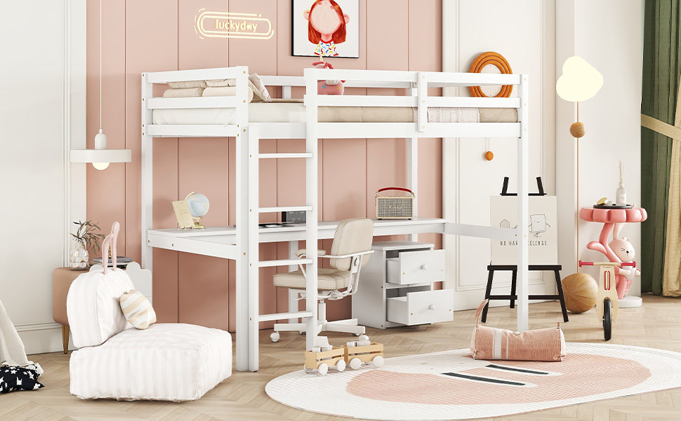 Full view of white twin loft bed with built-in desk and drawers underneath


