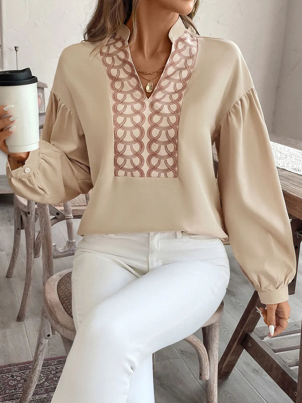 Perfee printed notched blouse with long sleeves, front view

