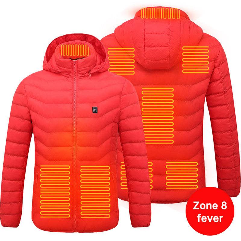 Men's and women's USB heated jacket with hoodie, front view

