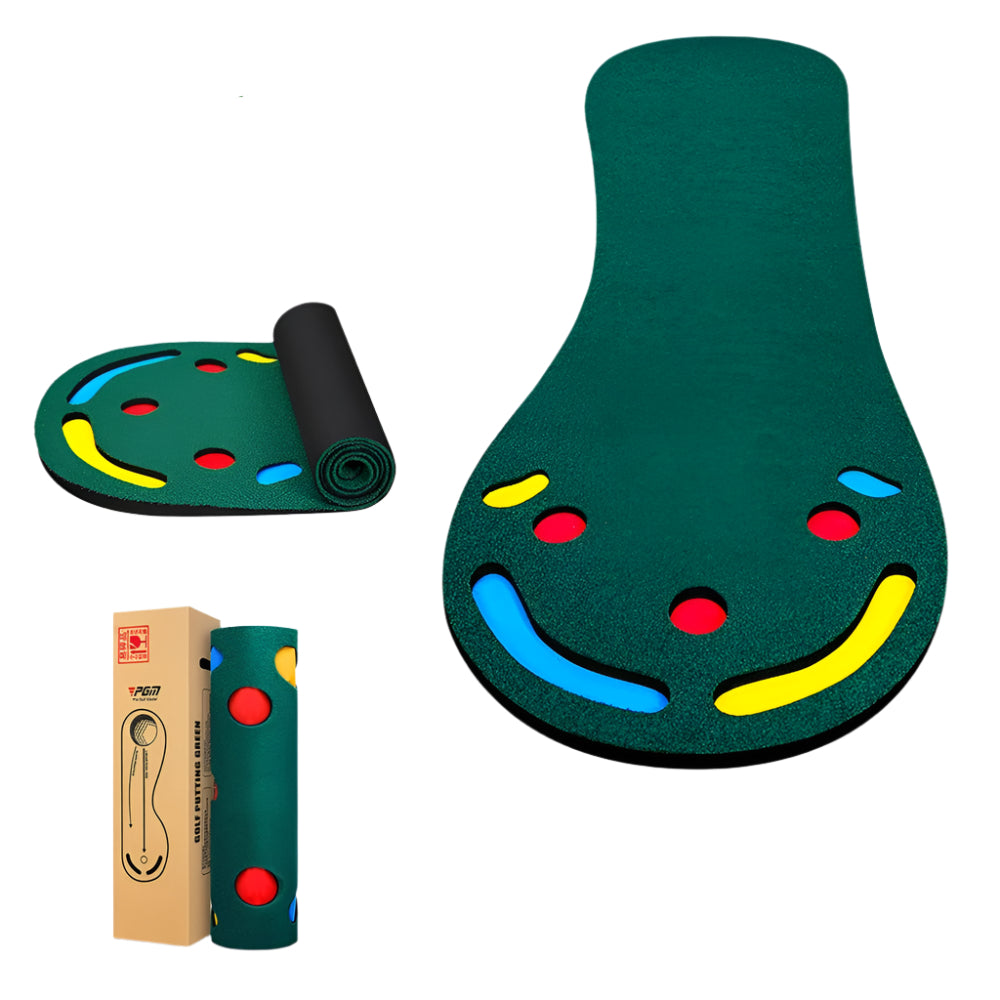 Indoor putting mat with realistic turf and alignment guides for golf practice at home or office.

