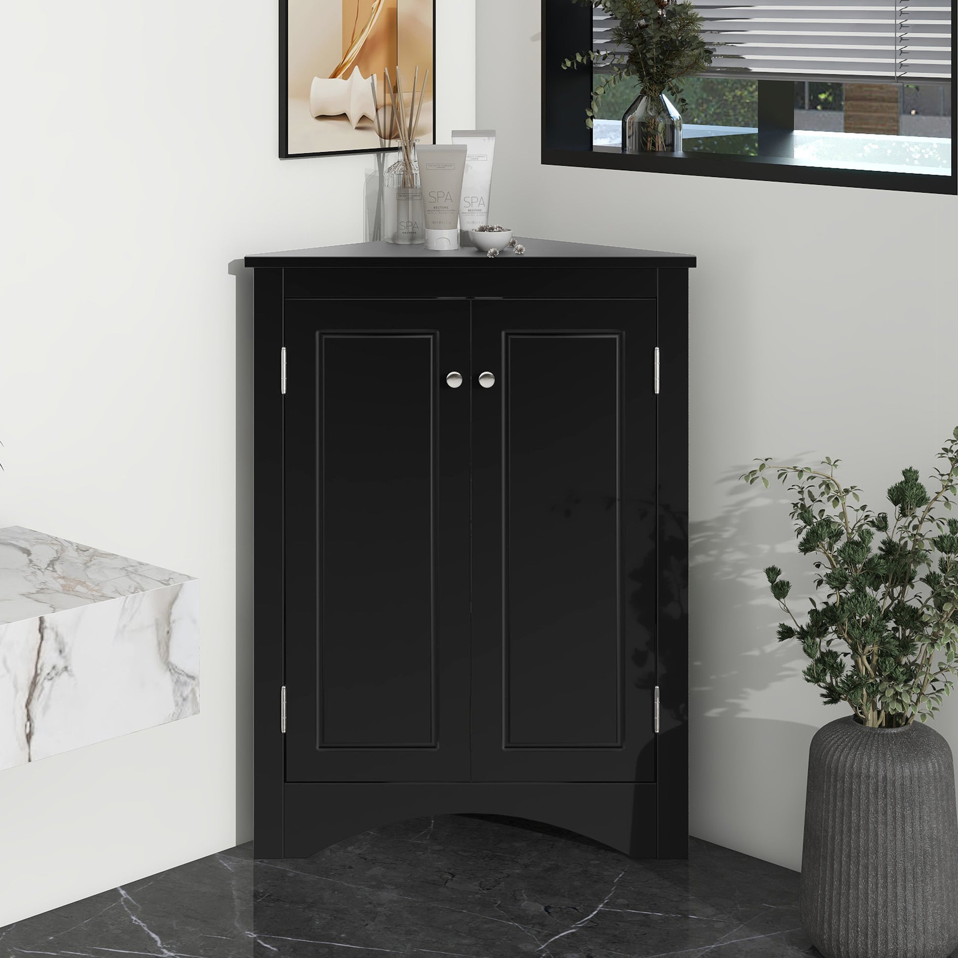 “Black triangle bathroom storage cabinet – modern, space-saving corner organizer for toiletries and essentials – Hot Deal Warehouse home furniture”


