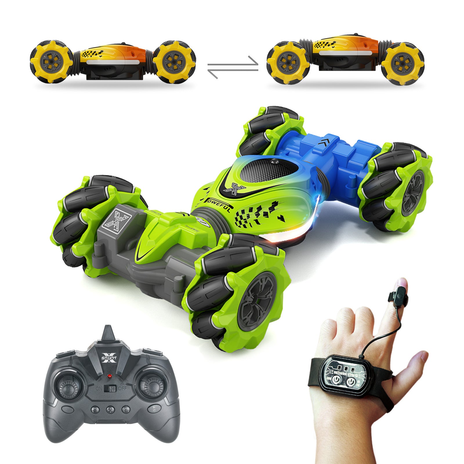 Gesture-controlled RC transforming stunt car with watch remote and double-sided climbing action.








