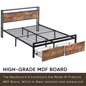 Full-size bed frame with LED headboard, drawers, and charging ports