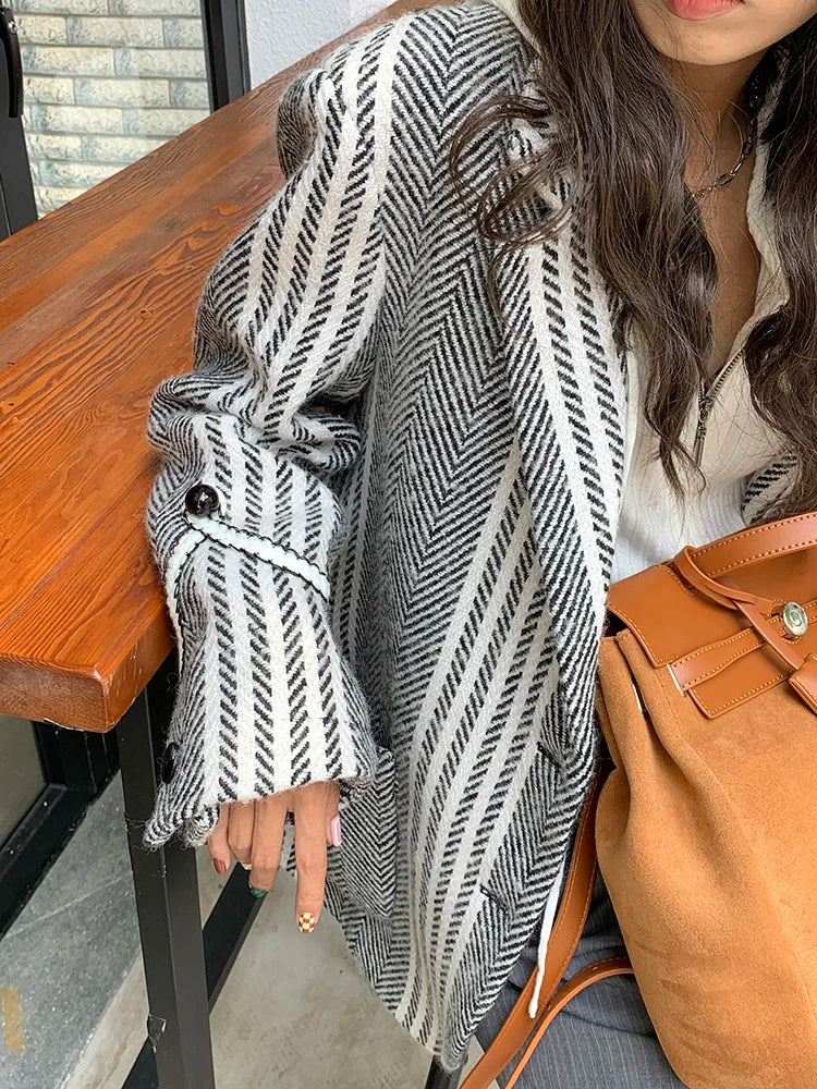 Vintage Striped Weave Woolen Blazer Coat for Women, Autumn Winter Casual Suit Jacket








