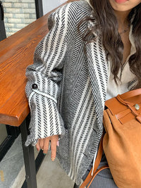 Vintage Striped Weave Woolen Blazer Coat for Women, Autumn Winter Casual Suit Jacket








