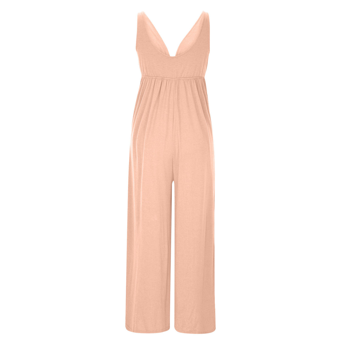 A peach-colored sleeveless jumpsuit with a deep V-neckline and wide legs, shown against a plain white background.