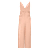 A peach-colored sleeveless jumpsuit with a deep V-neckline and wide legs, shown against a plain white background.