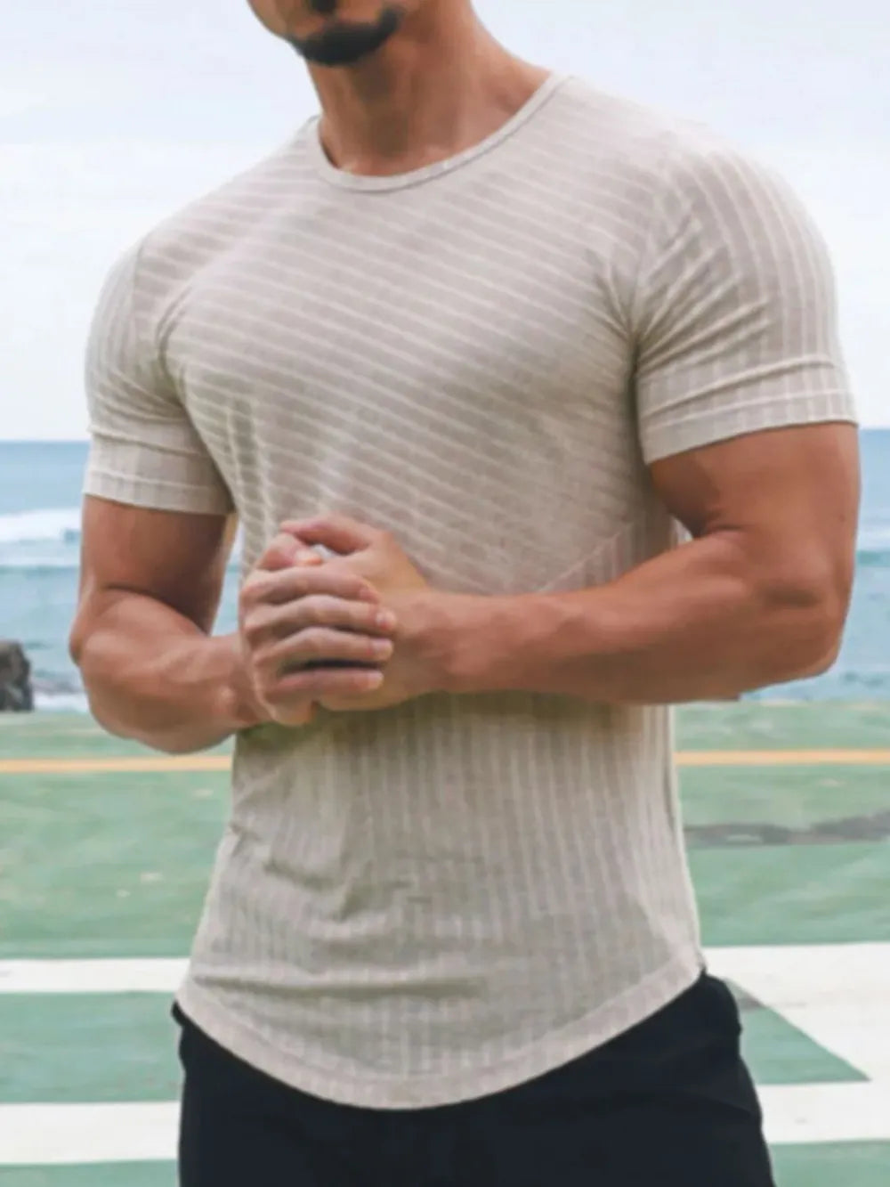 Men's striped round neck t-shirt, front view

