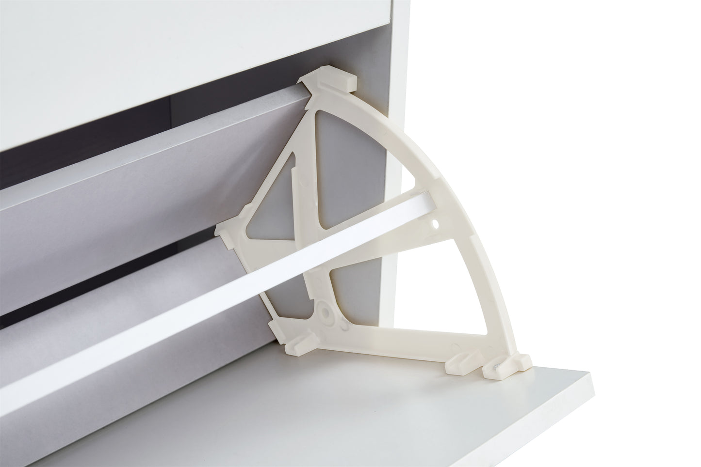 White shoe cabinet with open shelves and metal legs
