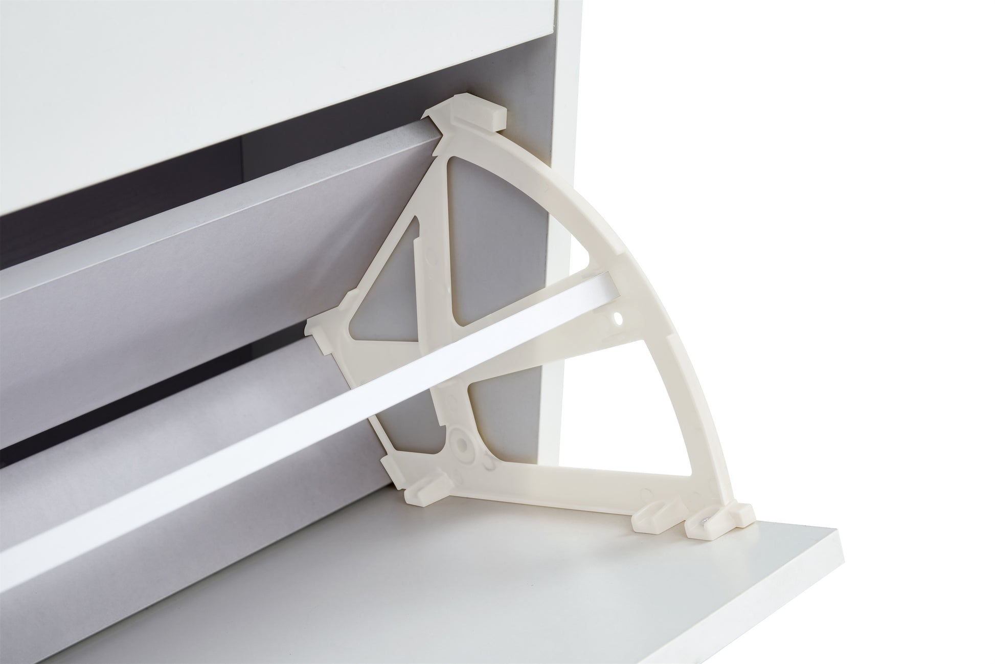 White shoe cabinet with open shelves and metal legs
