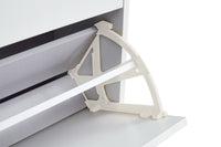 White shoe cabinet with open shelves and metal legs