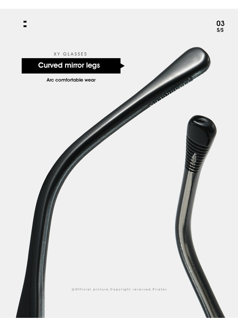 Black curved mirror eyeglass legs with textured grip details, shown on a light gray background with product text overlays.