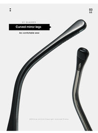 Black curved mirror eyeglass legs with textured grip details, shown on a light gray background with product text overlays.