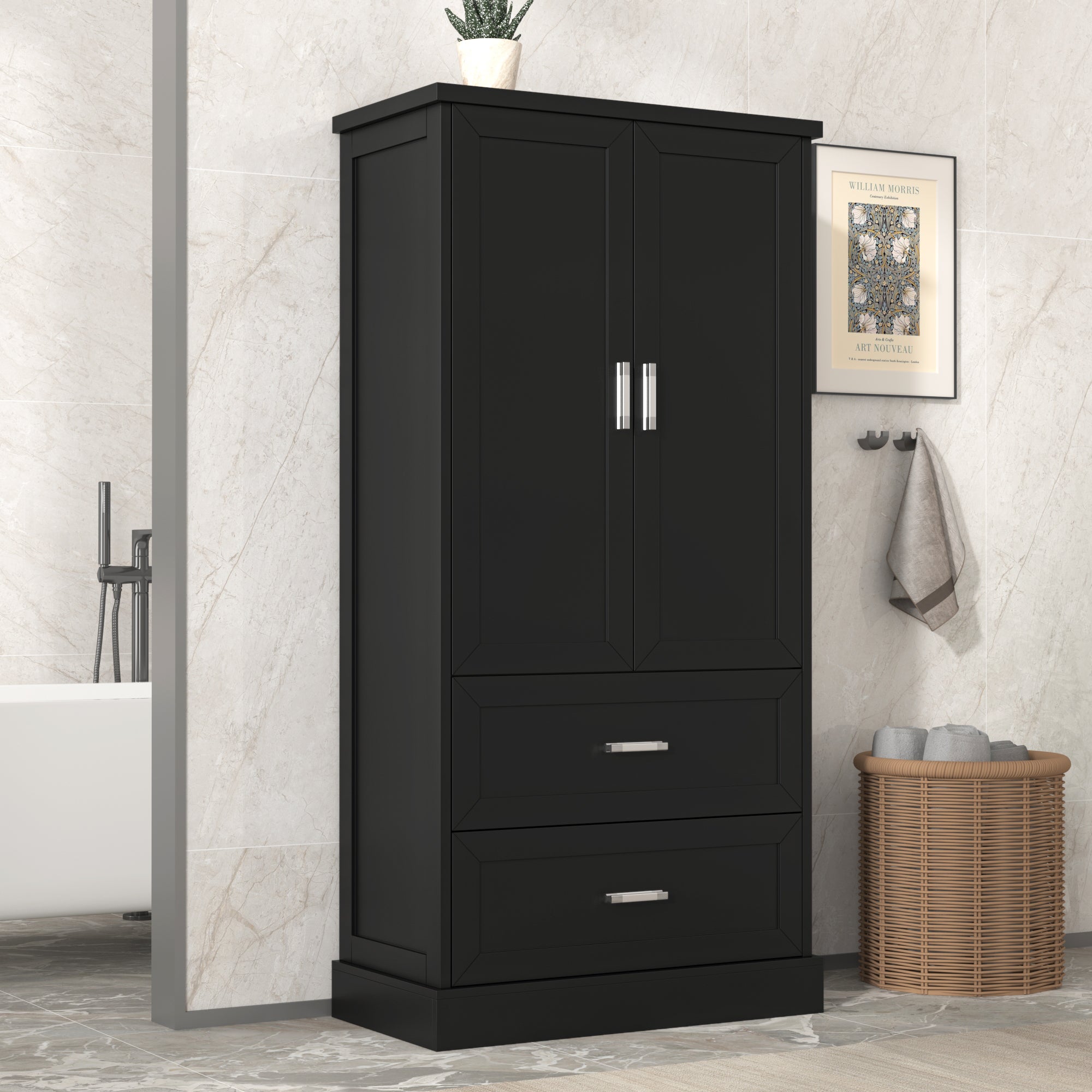 Tall black bathroom storage cabinet with doors and drawers