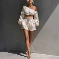 Shoulder long sleeved short top+high waisted casual shorts set for women Hot Deal Warehouse