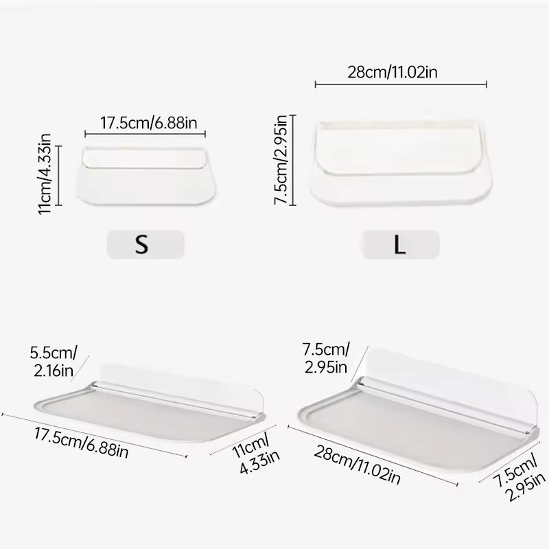 Wall-mounted plastic floating shelf in a modern bathroom holding towels