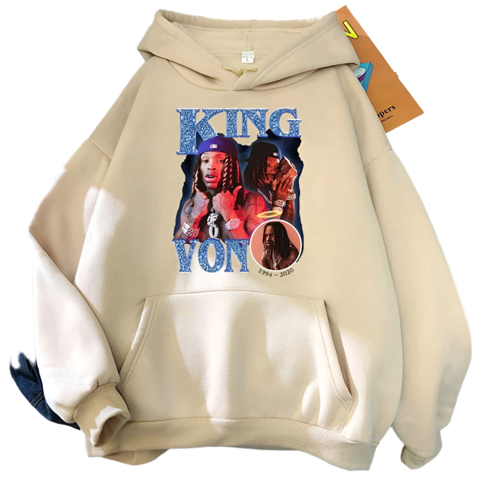 Unisex cotton King Von hoodie with graphic print – streetwear sweatshirt for men and women.

