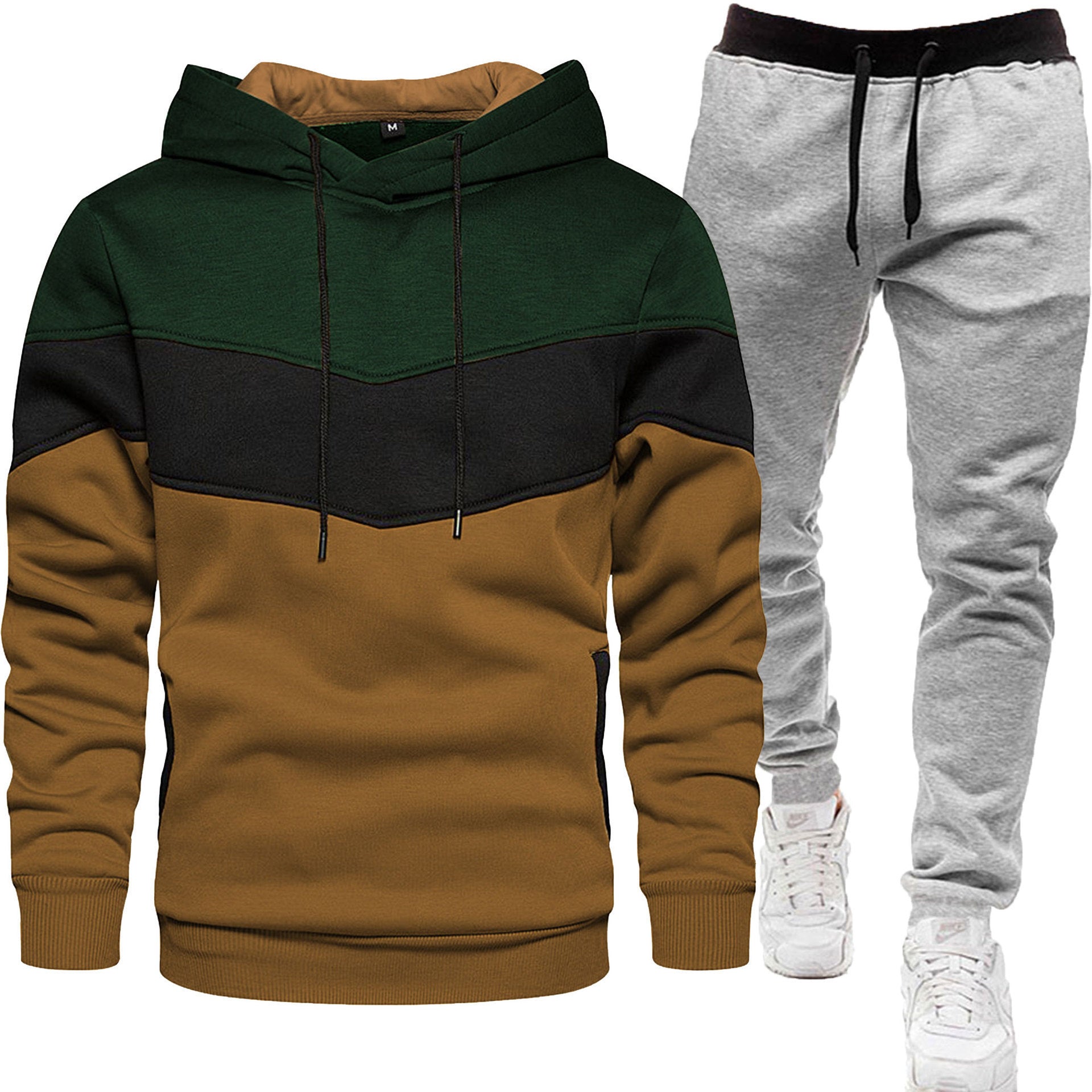 Men's three-color hoodie and jogger pants two-piece set, front view


