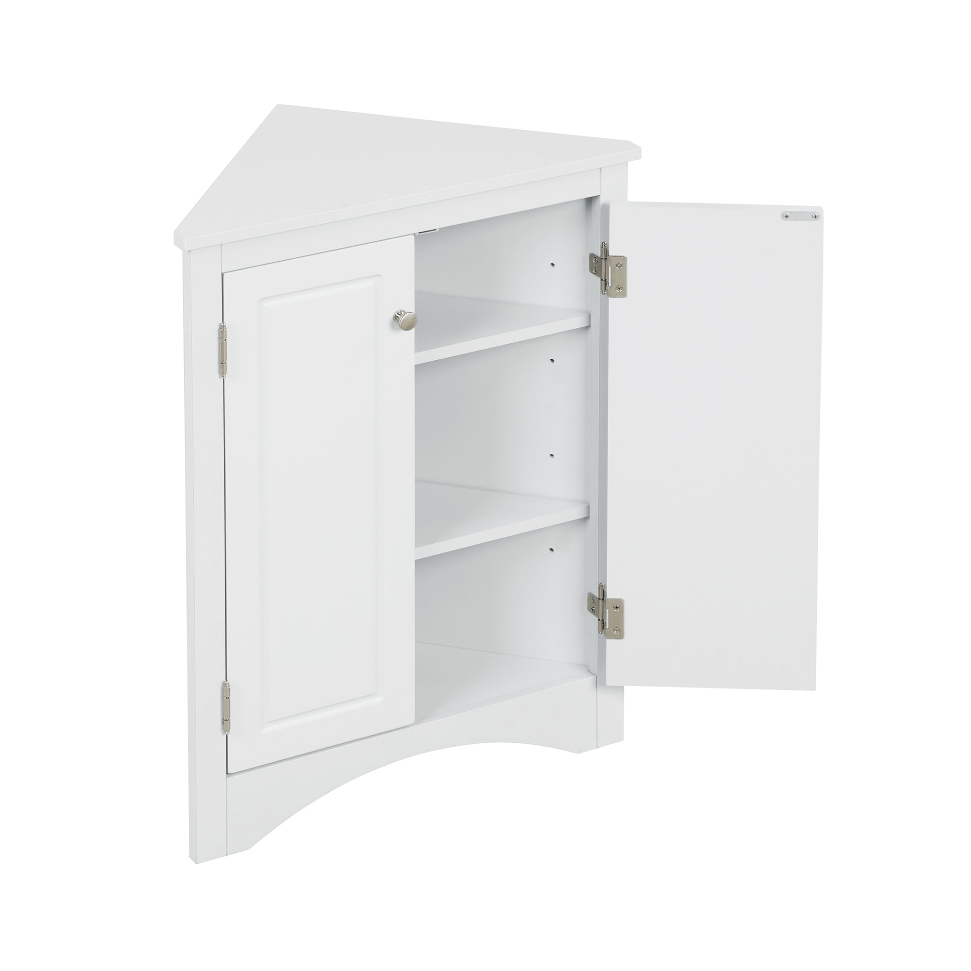 White triangle bathroom storage cabinet with a compact, space-saving design, featuring multiple shelves for organizing toiletries, towels, and other bathroom essentials. Made from durable materials, this sleek cabinet adds a functional and stylish touch to any bathroom decor.