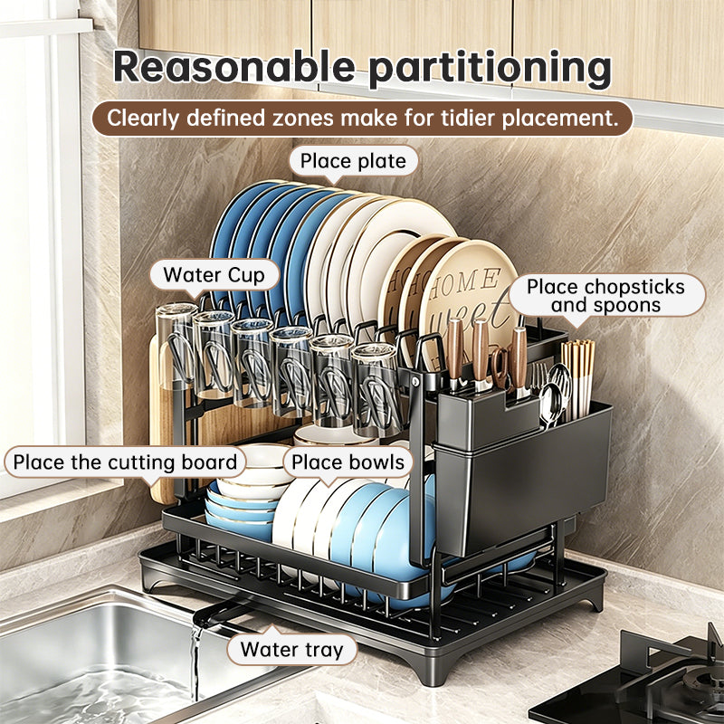 2-Tier Large Capacity Dish Drying Rack, Rustproof Carbon Steel Kitchen Sink Drainer with Cutting Board & Utensil Holder Hot Deal Warehouse