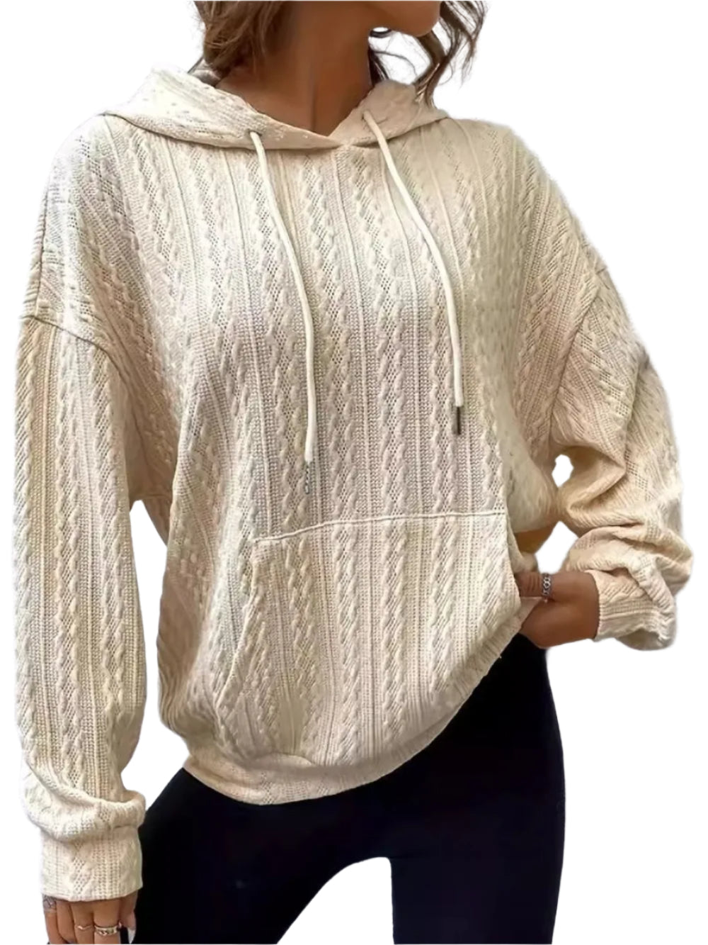 Women’s hooded knit sweater with pit stripe texture and kangaroo pocket in a relaxed fit.








