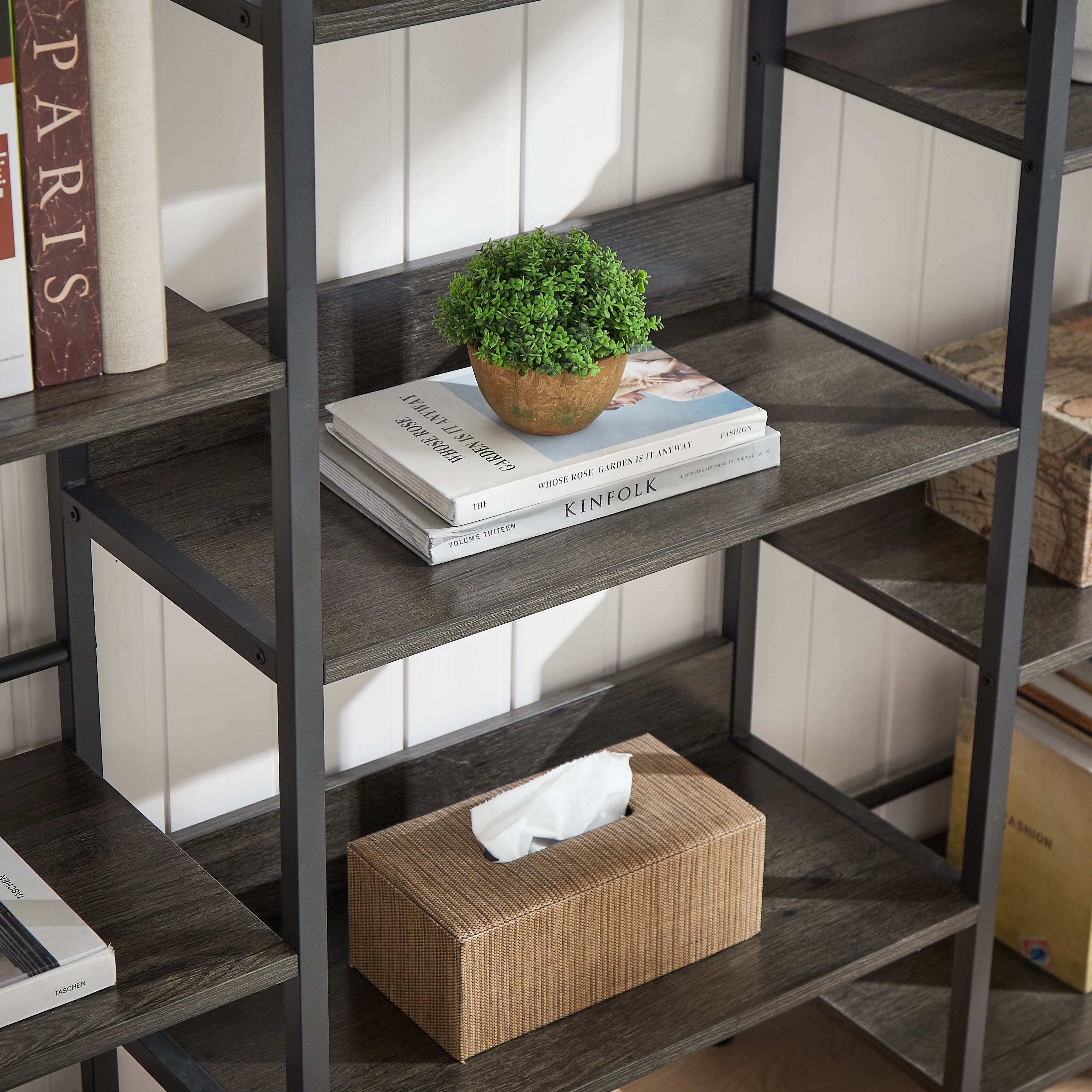 Triple wide 5-shelf bookshelf offering ample storage space with a sturdy design. Features five spacious shelves for organizing books, decor, and more, perfect for living rooms, offices, or libraries. Stylish and functional for both modern and traditional interiors.