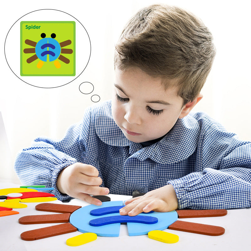 Montessori wooden puzzle board with colorful geometric shapes

