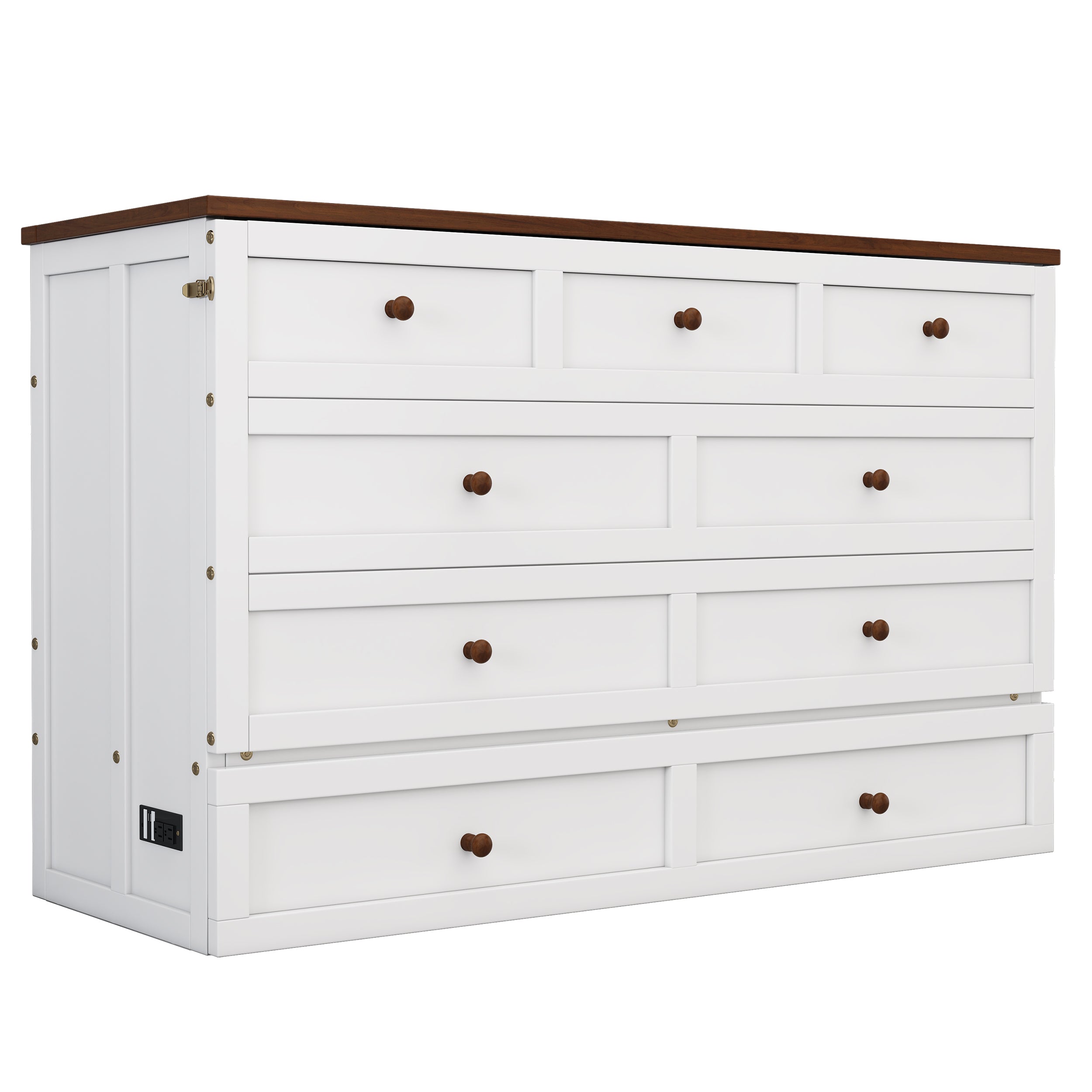 White and walnut queen Murphy bed chest in closed position