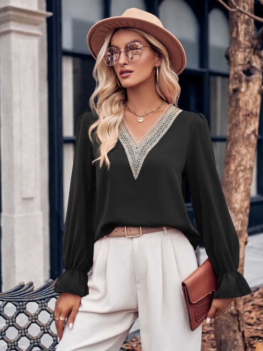 Ruffled V-Neck Blouse with Flounce Sleeves – Women's Elegant Top

