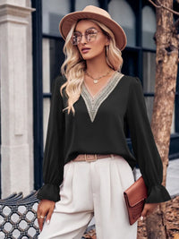 Ruffled V-Neck Blouse with Flounce Sleeves – Women's Elegant Top

