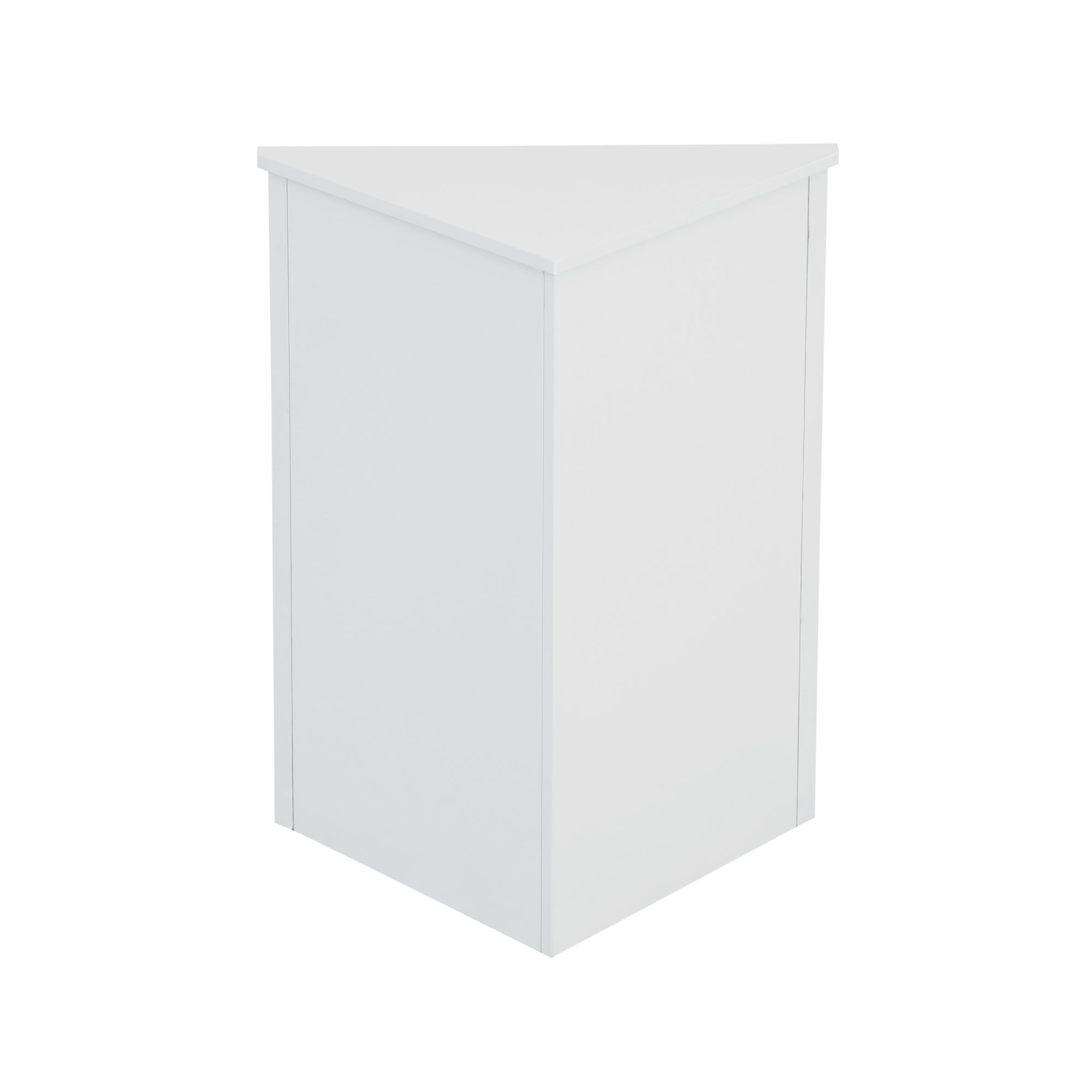 White triangle bathroom storage cabinet with a compact, space-saving design, featuring multiple shelves for organizing toiletries, towels, and other bathroom essentials. Made from durable materials, this sleek cabinet adds a functional and stylish touch to any bathroom decor.