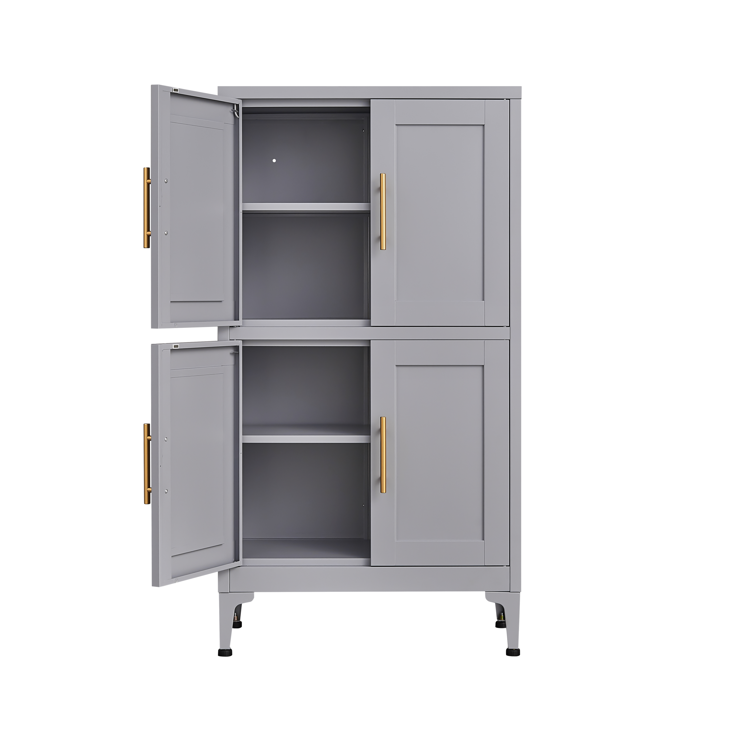 Grey metal kitchen storage cabinet with door and adjustable shelf in a modern kitchen