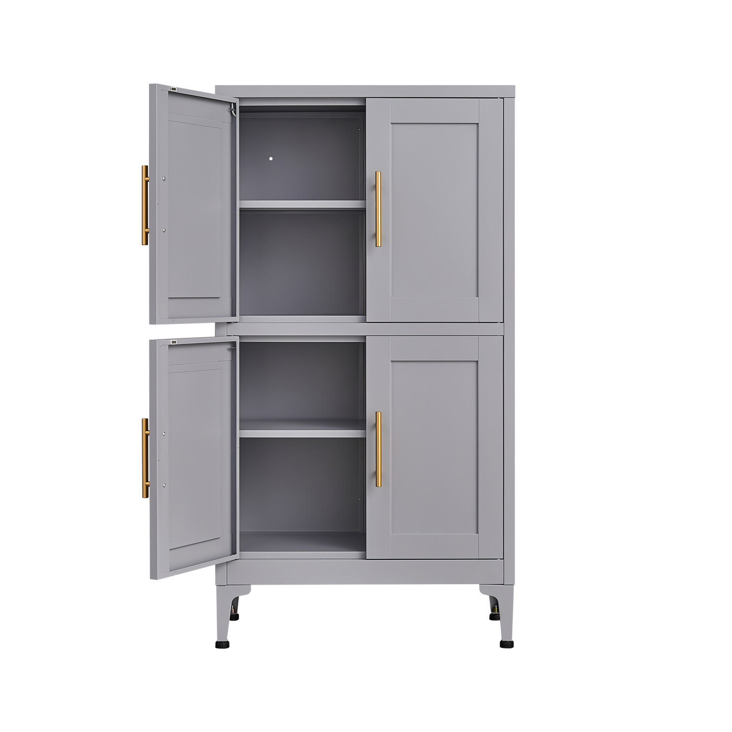 Grey metal kitchen storage cabinet with door and adjustable shelf in a modern kitchen