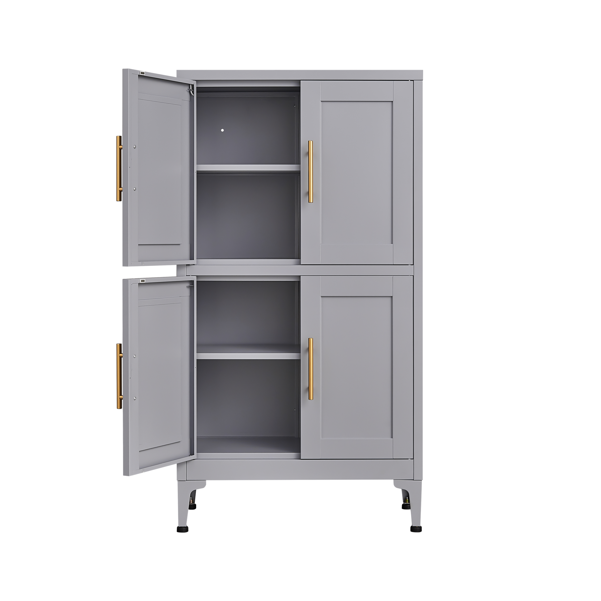 Grey metal kitchen storage cabinet with door and adjustable shelf in a modern kitchen
